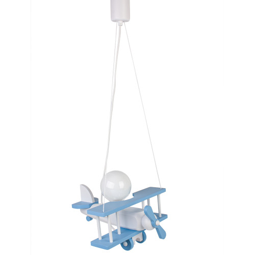 Lampadario a sospensione per cameretta bimbo, aereo in legno 32cm X 30 cm. Colore celeste/bianco.