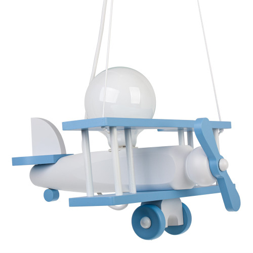 Lampadario a sospensione per cameretta bimbo, aereo in legno 32cm X 30 cm. Colore celeste/bianco.