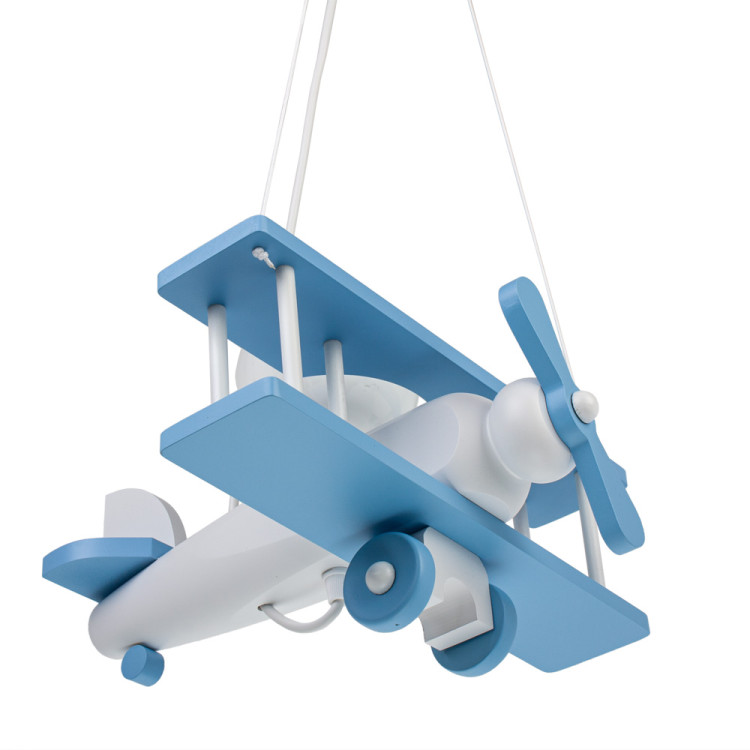 Lampadario a sospensione per cameretta bimbo, aereo in legno 32cm X 30 cm. Colore celeste/bianco.