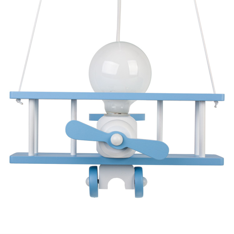 Lampadario a sospensione per cameretta bimbo, aereo in legno 32cm X 30 cm. Colore celeste/bianco.