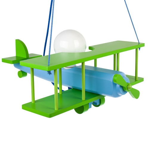 Lampadario a sospensione per cameretta bimbo, aereo in legno 45cm X 42 cm.Colore verde/celeste.