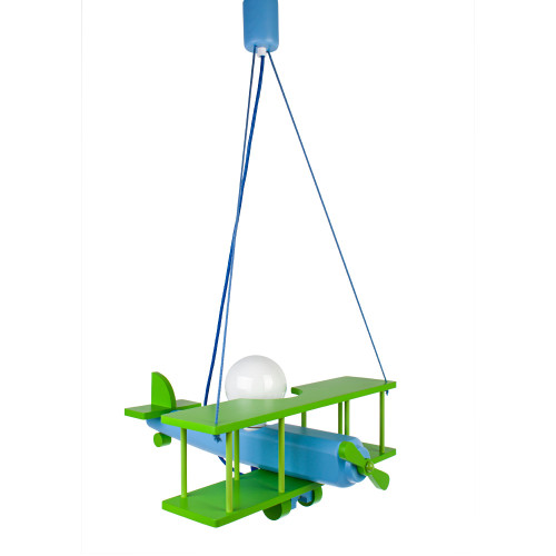 Lampadario a sospensione per cameretta bimbo, aereo in legno 45cm X 42 cm.Colore verde/celeste.