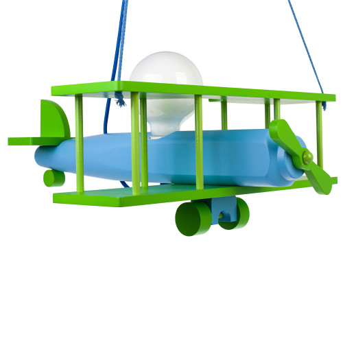 Lampadario a sospensione per cameretta bimbo, aereo in legno 45cm X 42 cm.Colore verde/celeste.