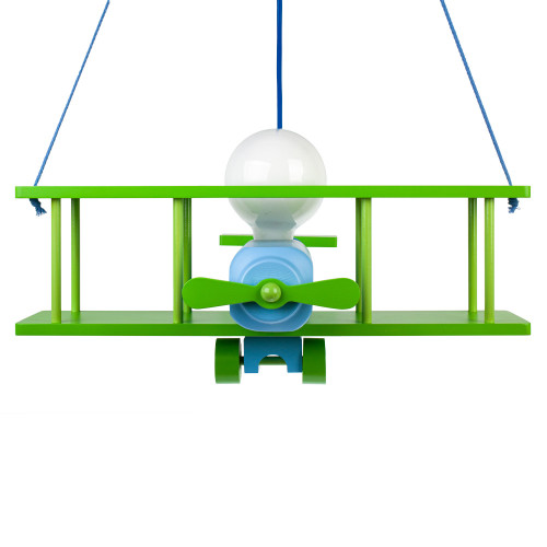 Lampadario a sospensione per cameretta bimbo, aereo in legno 45cm X 42 cm.Colore verde/celeste.