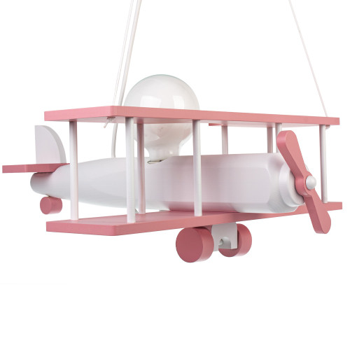 Lampadario a sospensione per cameretta bimbo, aereo in legno 45cm X 42 cm.Colore rosa/bianco.