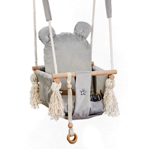 Altalena Orsetto grigia in legno per bambini con cintura di sicurezza