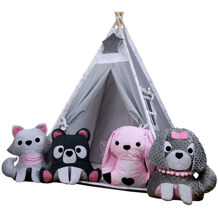 Tenda indiana teepee in tessuto per cameretta bambini con tappetino e 4 simpatici cuscini Squadra Tenda Rosa