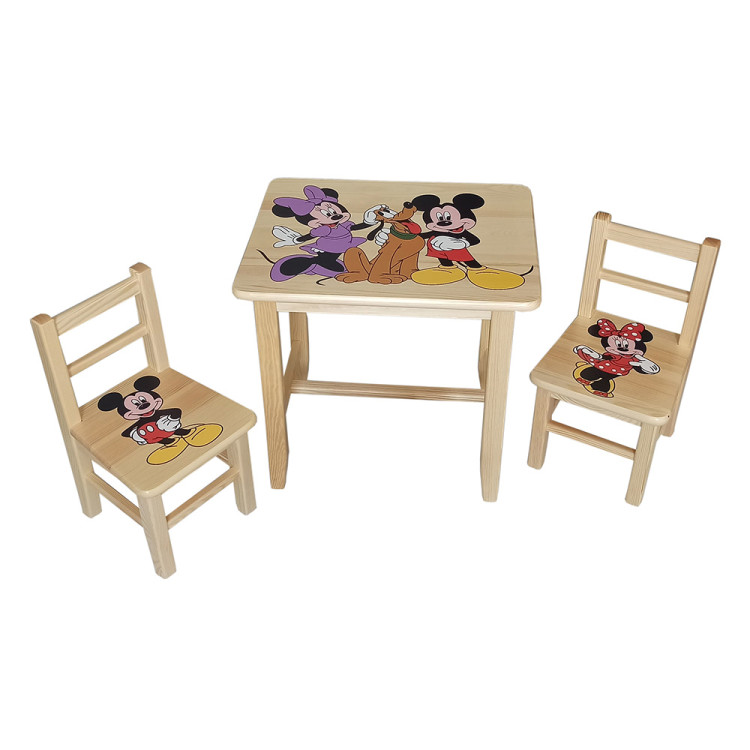 Set in legno tavolino con 2 sedie per cameretta bambini. TOPOLINO-PLUTO.