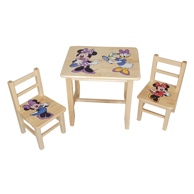 Set in legno tavolino con 2 sedie per cameretta bambini. MINNIE E PAPERINA