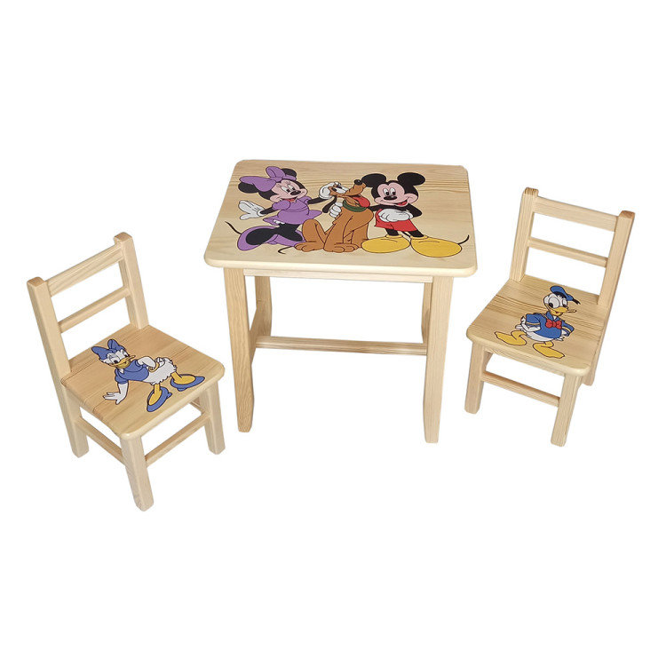 Set in legno tavolino con 2 sedie per cameretta bambini. TOPOLINO-PLUTO.
