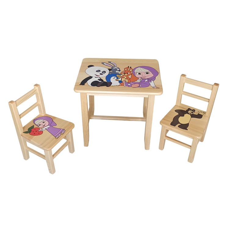 Set in legno tavolino con 2 sedie per cameretta bambini. MASHA E ORSO